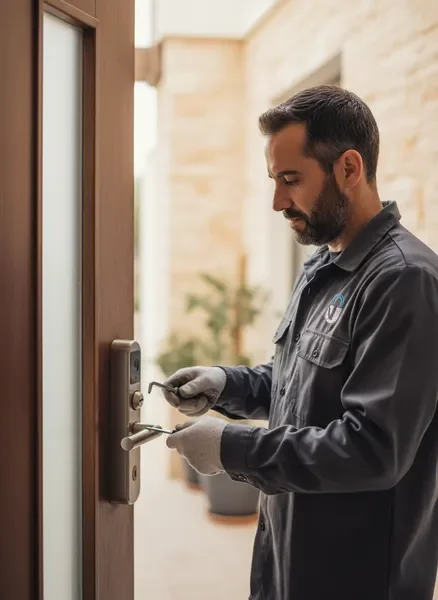 דורון מנעולן מוסמך עובד על מנעול דלת בצורה מקצועית ורגועה